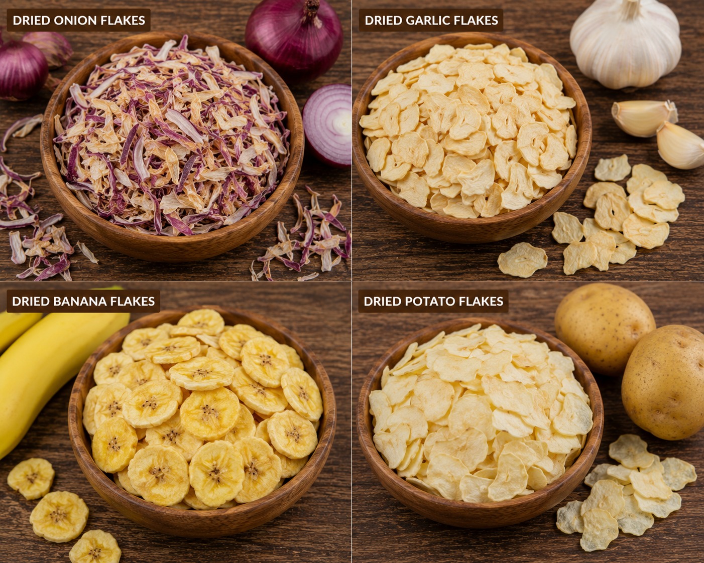 Dried onion garlic banana and potato flakes finish output