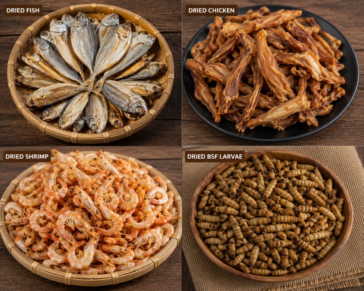 Dried fish chicken shrimp and larvae finish output